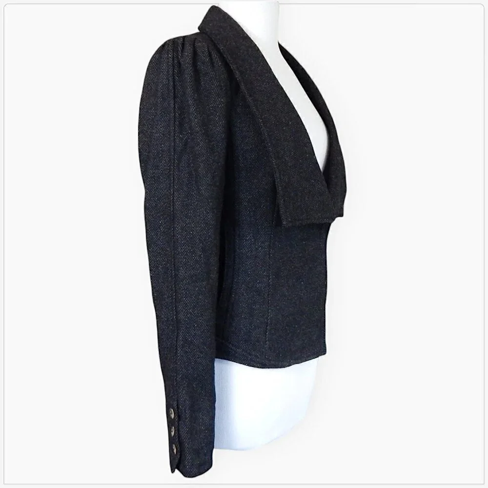 Free People Charcoal Gray Herringbone Tweed Puff Sleeve Jacket Blazer Coat 4